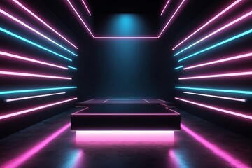 Dark Room With Neon Lights and Steps - obrazy, fototapety, plakaty