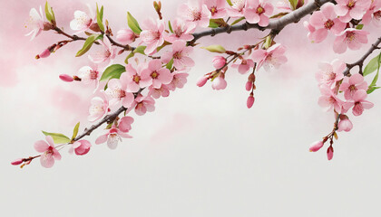 Obraz na płótnie Canvas blossoming cherry tree border in watercolor style, isolated on a transparent background for design layouts