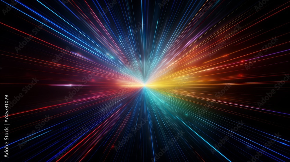 Poster abstract dark background of light with stripes of colourful rays moving from the center