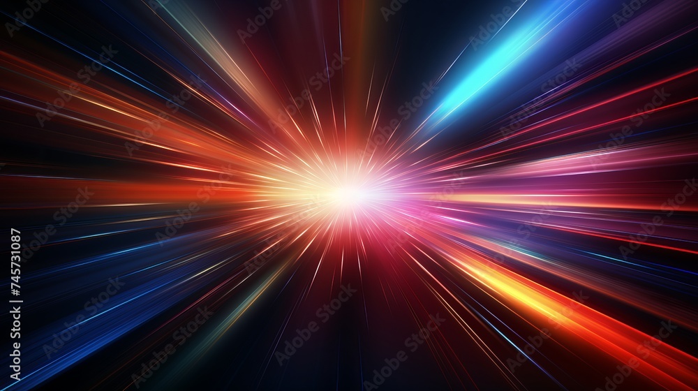 Poster abstract dark background of light with stripes of colourful rays moving from the center