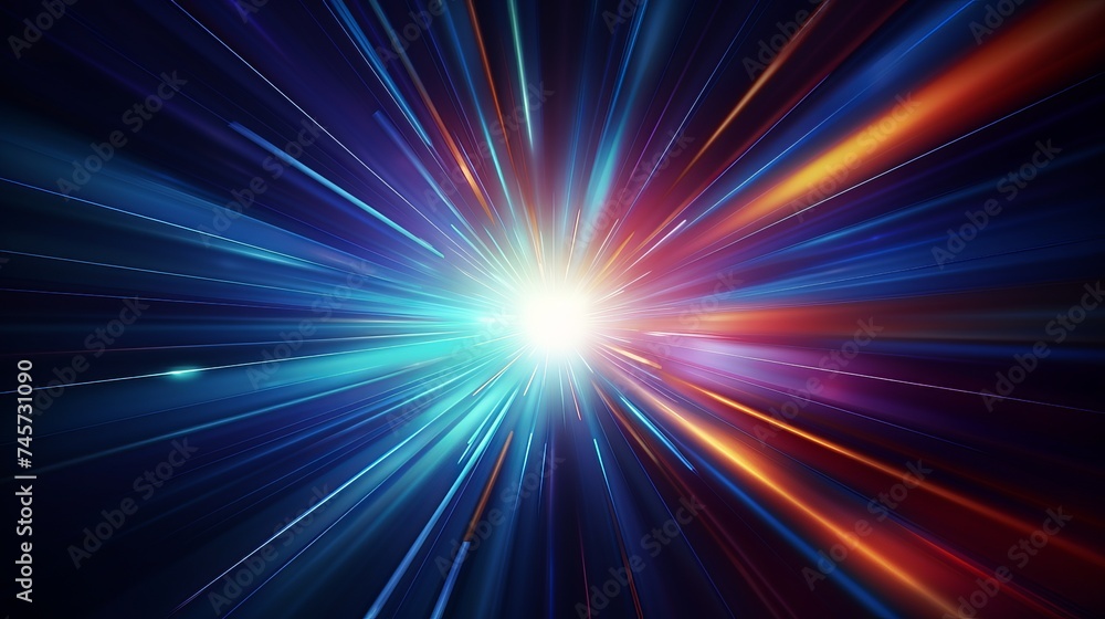 Poster abstract dark background of light with stripes of colourful rays moving from the center
