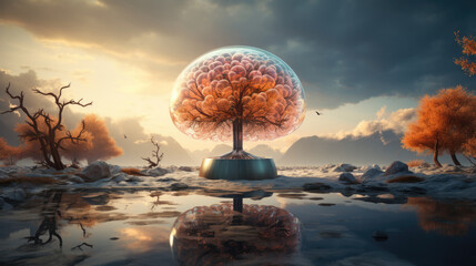 A fantastical tree shaped like a human brain, symbolizing science as the fruit of creation and knowledge.
