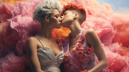 A couple of loving women standing against a backdrop of pink clouds, symbolizing LGBT culture and love.