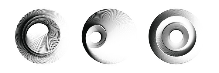 Set of three circular abstract vector illustration, This  pattern emerges like a fluid wave function, Flowing dot particles wave 3D curve pattern.