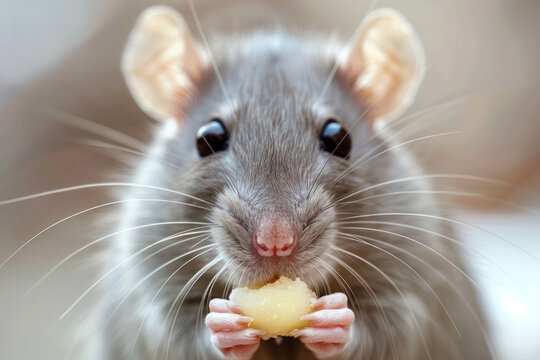 Close-Up Of Adorable Rodent Holding Food With Delicate Paws, Whiskers In Focus