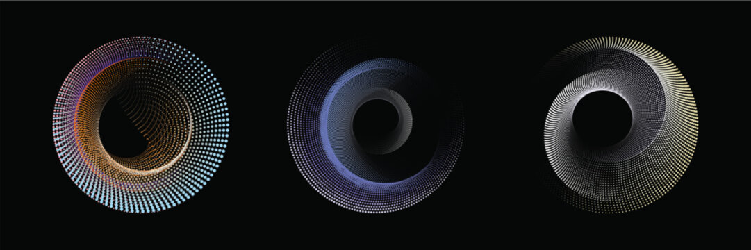 Set of three circles abstract vector illustration, The colorful circular pattern emerges like a fluid wave function, Flowing dot particles wave 3D curve pattern.