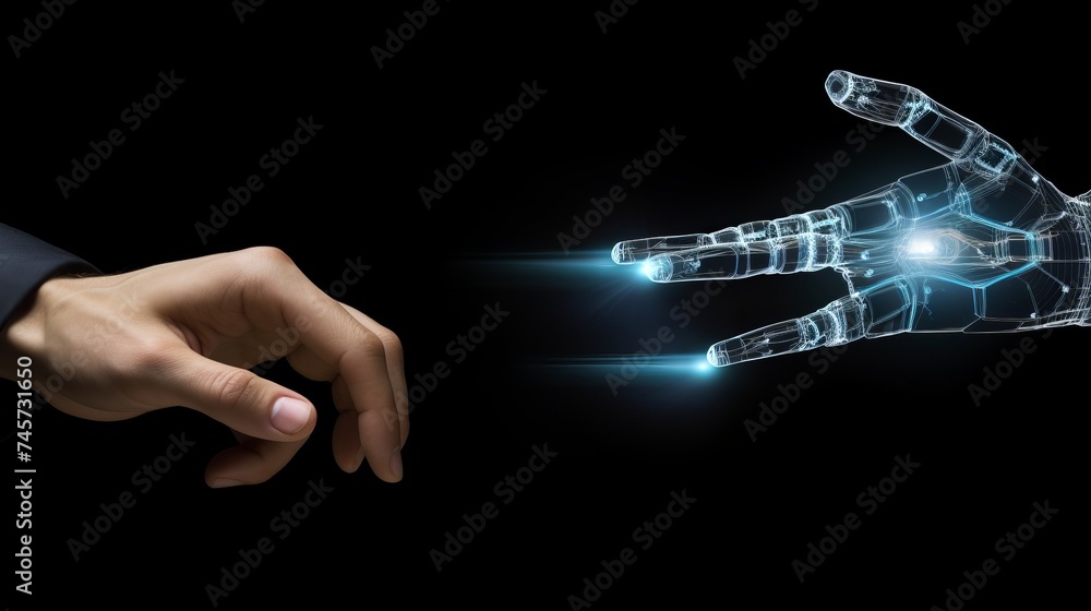 Poster artificial intelligence, future technology and business concept - robot and human hand with flash li