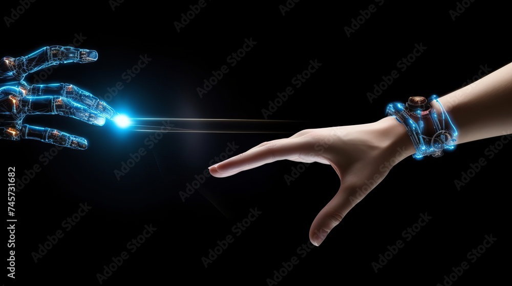 Poster artificial intelligence, future technology and business concept - robot and human hand with flash li