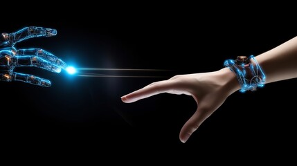 Artificial intelligence, future technology and business concept - robot and human hand with flash light and virtual screen projection over black background