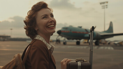 A joyful woman beams with excitement amidst the airport hustle, her suitcase in tow, as airplanes line the runway in the background, promising new adventures on the horizon.
