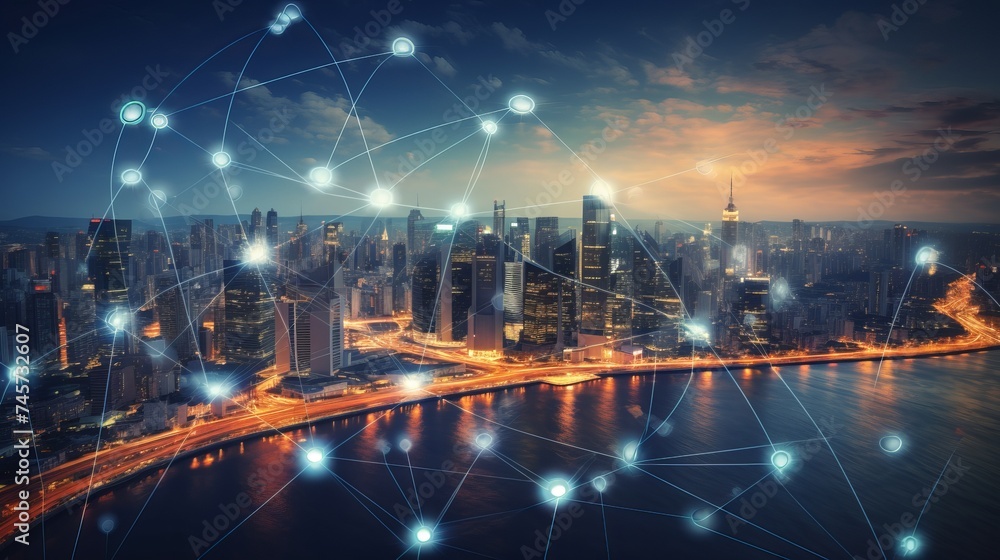 Poster blurry network interface with arrows pointing up over new york city panorama background. concept of 