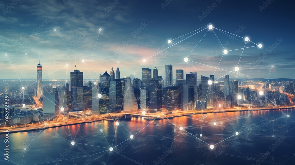 Poster blurry network interface with arrows pointing up over new york city panorama background. concept of 