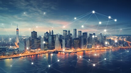 Blurry network interface with arrows pointing up over New York city panorama background. Concept of smart city and internet connection - obrazy, fototapety, plakaty