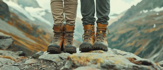 View from mountains - Hiking hiker traveler landscape adventure nature sport background panorama - Feets with hiking shoes from a man and woman couple standing resting on top of a high hill or rock