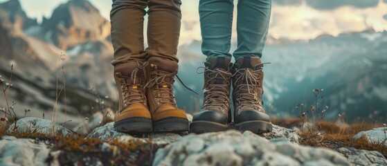 View from mountains - Hiking hiker traveler landscape adventure nature sport background panorama - Feets with hiking shoes from a man and woman couple standing resting on top of a high hill or rock