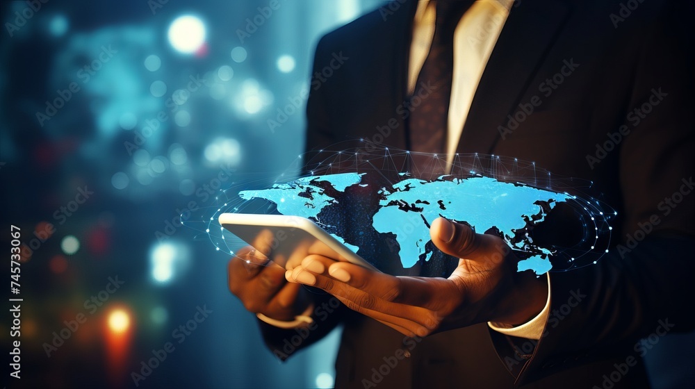 Poster businessman using mobile smart phone. business global internet connection application technology and