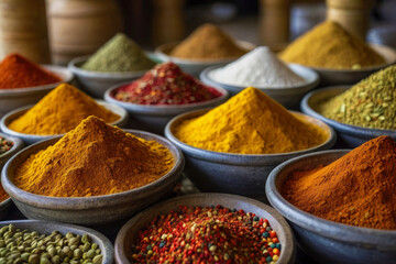 Eastern local market, piles of colorful aromatic spices. Ceramic pots with seasonings, different types of powder on the background. - obrazy, fototapety, plakaty