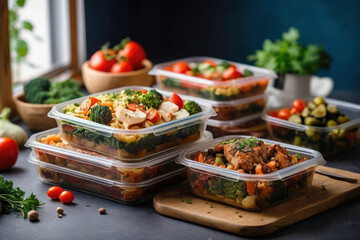 A bright photo for advertising the delivery of ready-made food, transparent plastic containers with healthy food. Dietary dishes, boxes on the table. - obrazy, fototapety, plakaty
