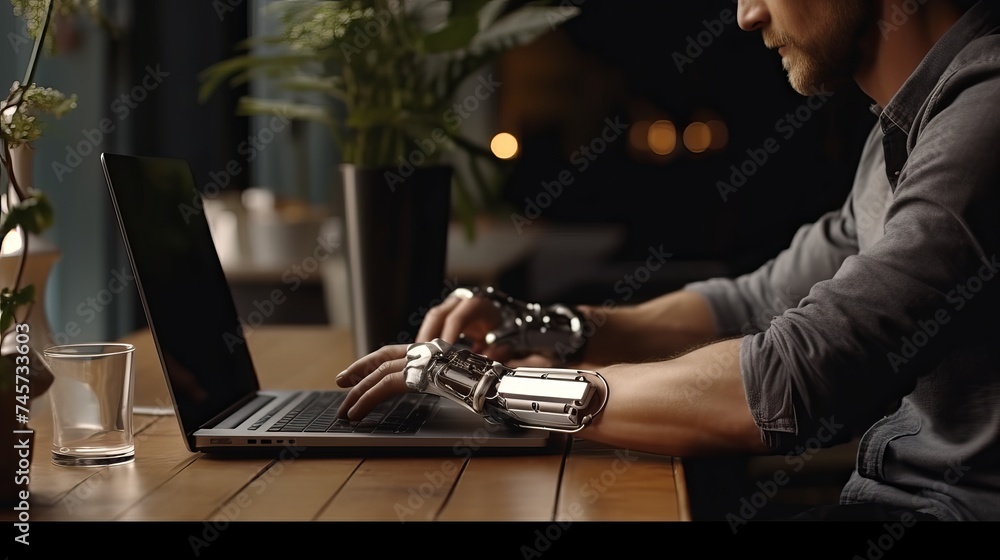 Aufkleber close-up on hands: person with disability using prosthetic arm to work on laptop computer. specialis