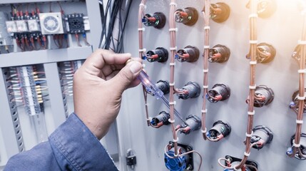 Checking the electrical power on the control panel using a test pen, a repair concept in electrical troubleshooting by an electrical engineer.