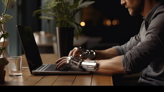 Close-up On Hands: Person With Disability Using Prosthetic Arm To Work On Laptop Computer. Specialist Swift And Natural Use Of Thought Controlled Body Powered Myoelectric Bionic Hand