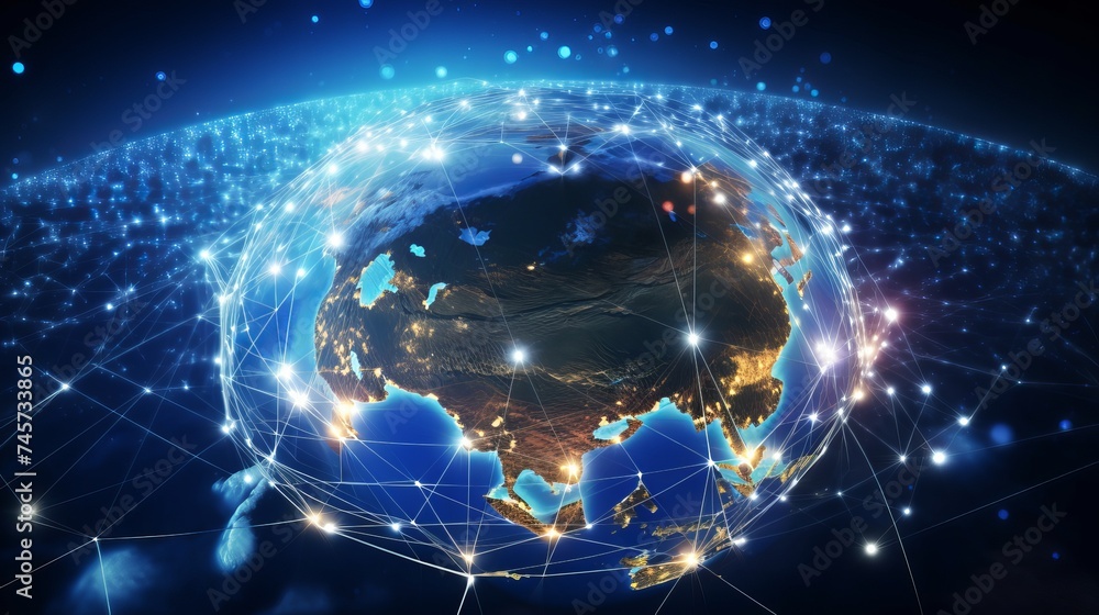 Poster communication technology for internet business. global world network and telecommunication on earth 