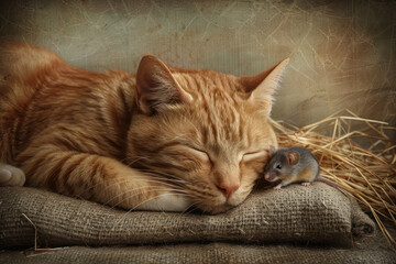 Orange Cat Asleep Beside Tiny Mouse, Unlikely Animal Friendship, Peaceful - obrazy, fototapety, plakaty