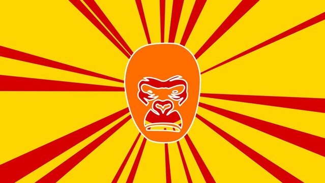 Gorilla head on the background of animation from moving rays of the sun. Large orange symbol increases slightly. Seamless looped 4k animation on yellow background