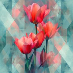 Vibrant red tulips in abstract art with geometric shapes on blue and white background