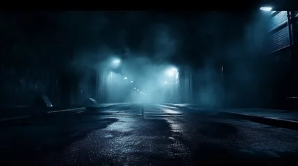 Poster Dark street, wet asphalt, reflections of rays in the water. Abstract dark blue background, smoke, smog. Empty dark scene, neon light, spotlights. Concrete floor © Elchin Abilov