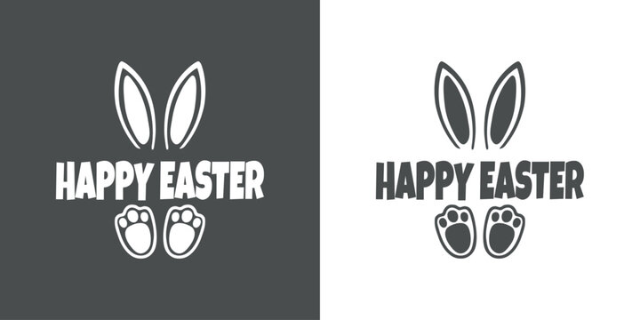 Logo con texto manuscrito Happy Easter con silueta de orejas y patas de Conejo de Pascua