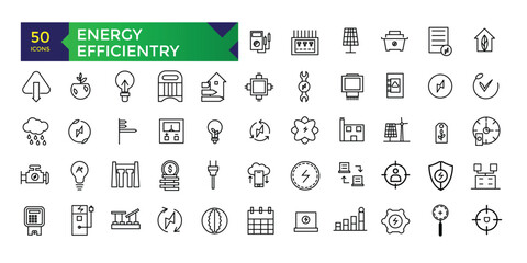 Energy and Performance Vector Icon Set In Outline Style. Green Energy, Thin outline icons pack.