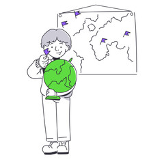 man marks the flags on a globe