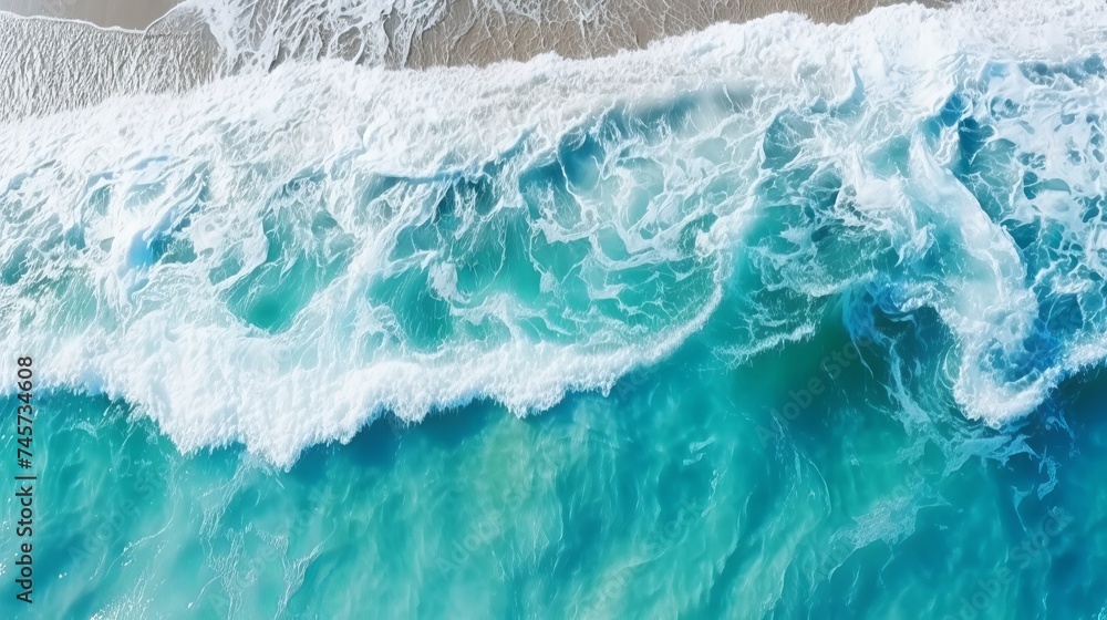 Poster from above aerial view of turquoise ocean water with splashes and foam for abstract natural backgrou