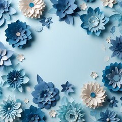 Background of blue paper flowers with empty space for text or greeting card design. Postcard for International Womens Day and Mothers Day (2) AR0097 Generative AI