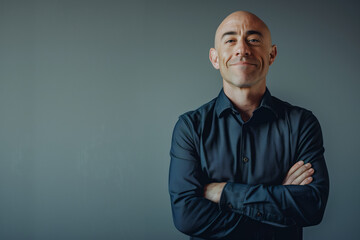 Obraz premium Professional Businessman in Dark Shirt with Confident Smile, Arms Crossed on a Moody Grey Background