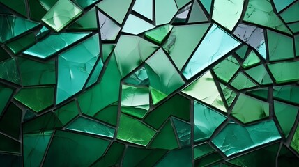 Green glass mosaic. Details wall with pieces of broken glass. Abstract  background