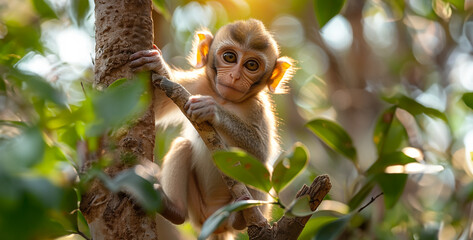 a high-resolution photograph of a curious monkey swinging from tree to tree in the dense jungle, showcasing its natural agility and habitat realistic High-resolution photograph clean sharp