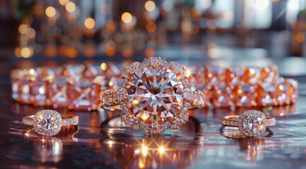 Fototapeta na wymiar jewelry including diamond rings and pendants on table