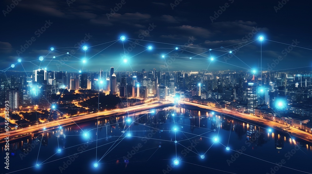 Poster modern city with wireless network connection and city scape concept.wireless network and connection 