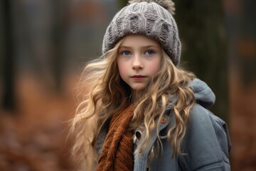 Portrait of a beautiful little girl with long blond hair in a knitted hat and blue jacket in the autumn forest