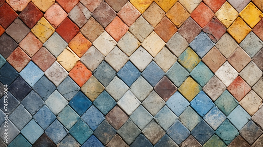 Poster old diagonal colorful mosaic texture on the wall. landscape style. great background or texture