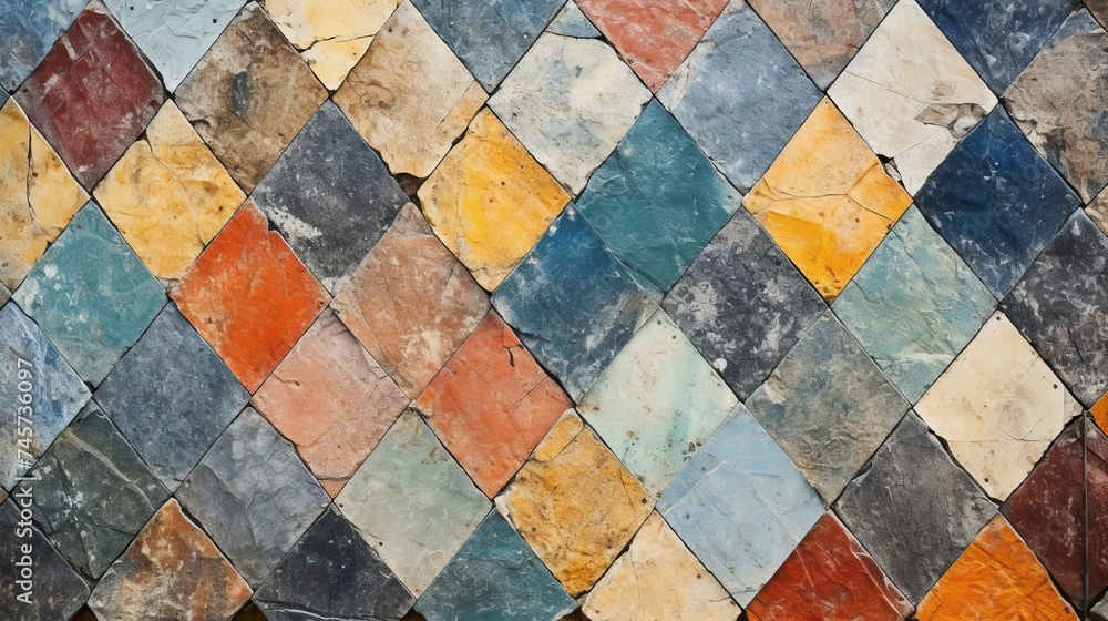 Poster old diagonal colorful mosaic texture on the wall. landscape style. great background or texture