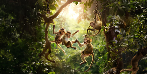 a high-resolution photograph of a family of monkeys swinging through the trees, showcasing their playful antics and agile movements realistic High-resolution
