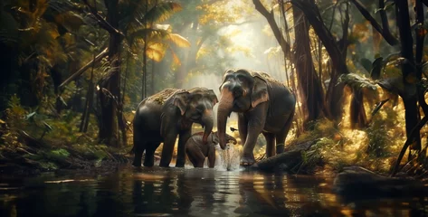 Foto op Canvas a high-resolution photograph of a family of elephants bathing in a jungle river, splashing water and enjoying a moment of respite. © Asif Ali 217