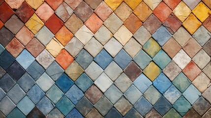 Old diagonal colorful mosaic texture on the wall. Landscape style. Great background or texture