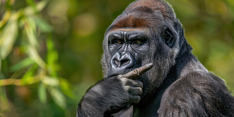 Obraz premium Majestic Funny Gorilla Pensively Contemplating in Lush Green Habitat