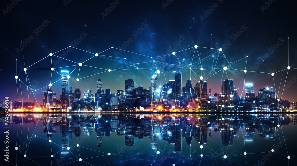 Poster smart city and abstract dot point connect with gradient line and aesthetic intricate wave line desig
