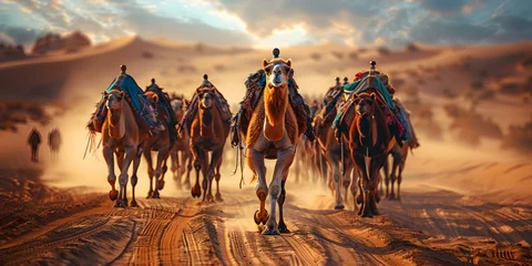 Zelfklevend Fotobehang Camels lined up in desert race setting captured in tranquil moment. Concept Desert Race, Tranquil Moment, Camels, Outdoor Photography, Animal Portraits © Anastasiia