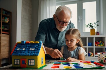 Budding artists: Grandpa, granddaughter paint handcrafted toy house.